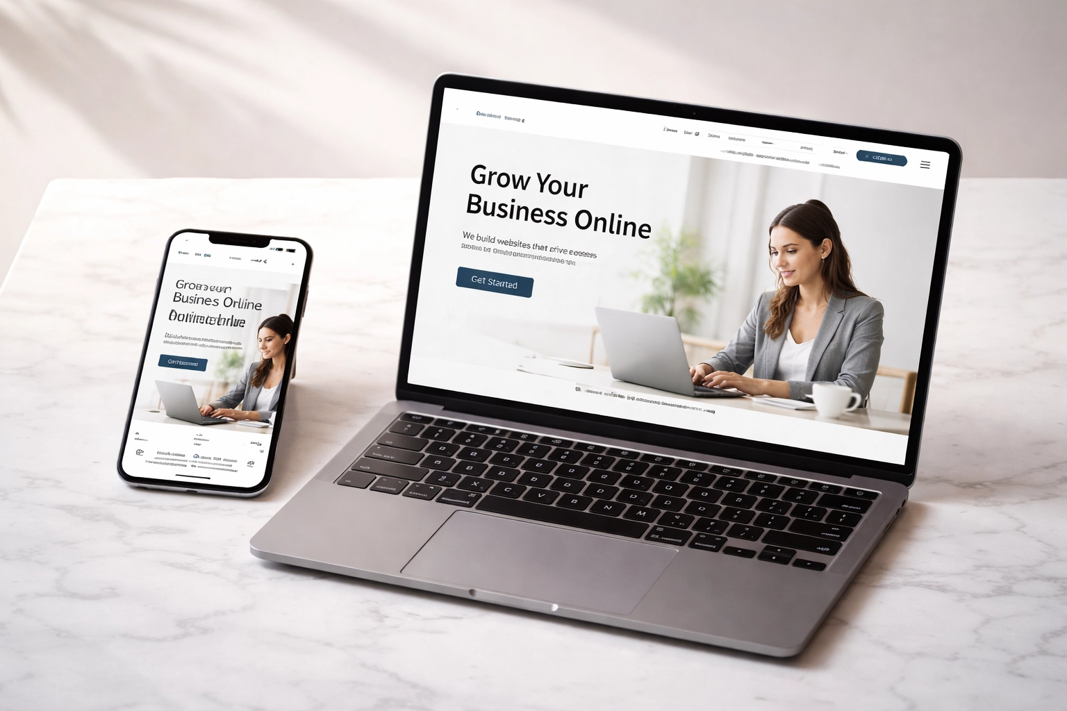 Mobile phone and laptop with matching modern web design, highlighting responsive websites for North East businesses