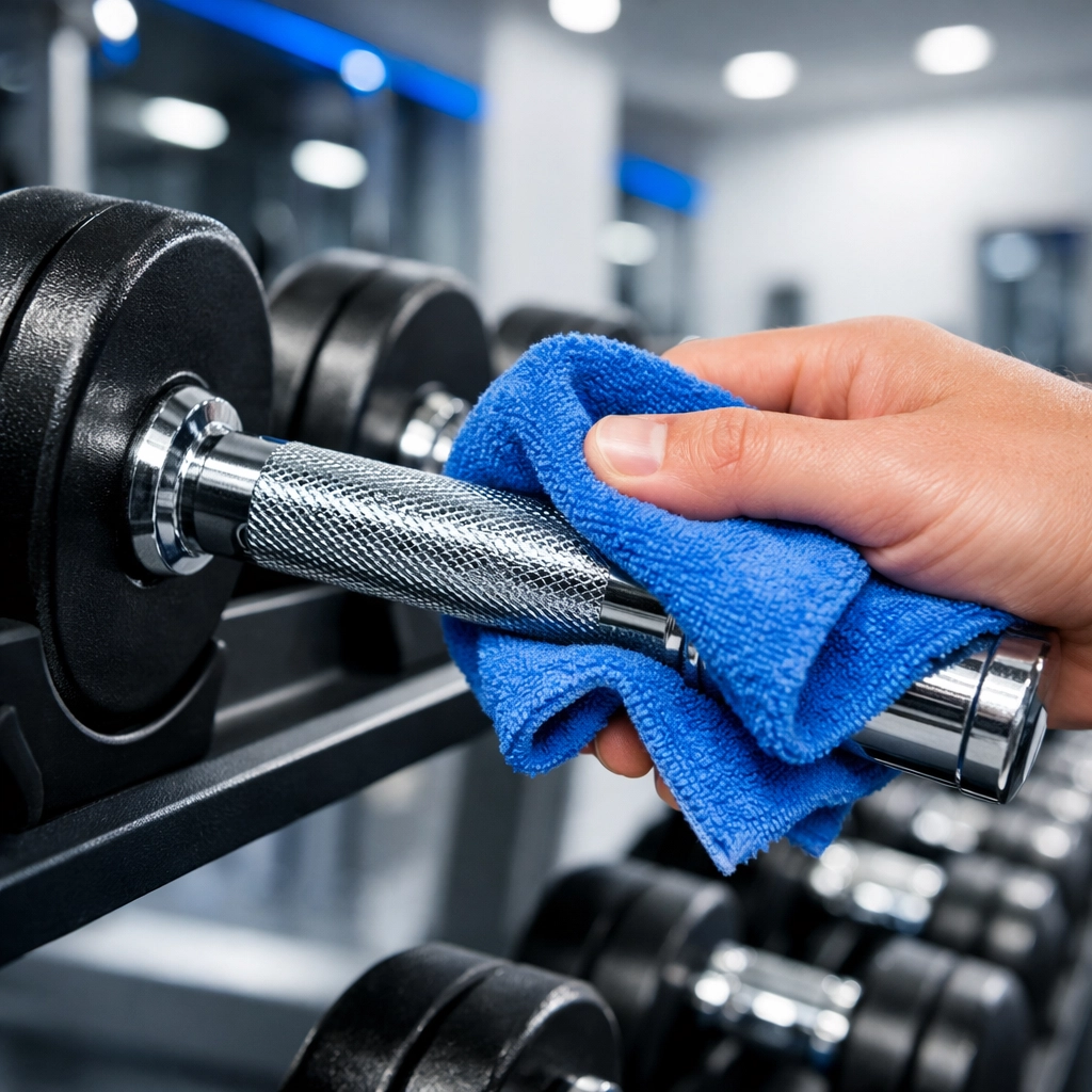 Detailed fitness center cleaning of chrome dumbbells and weight racks using a microfiber cloth.