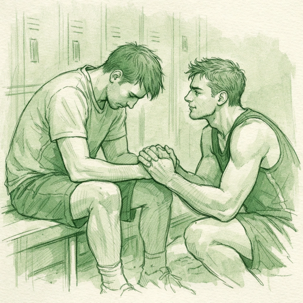 A tender scene of emotional support between a gay couple, illustrating redemption in MM fiction.