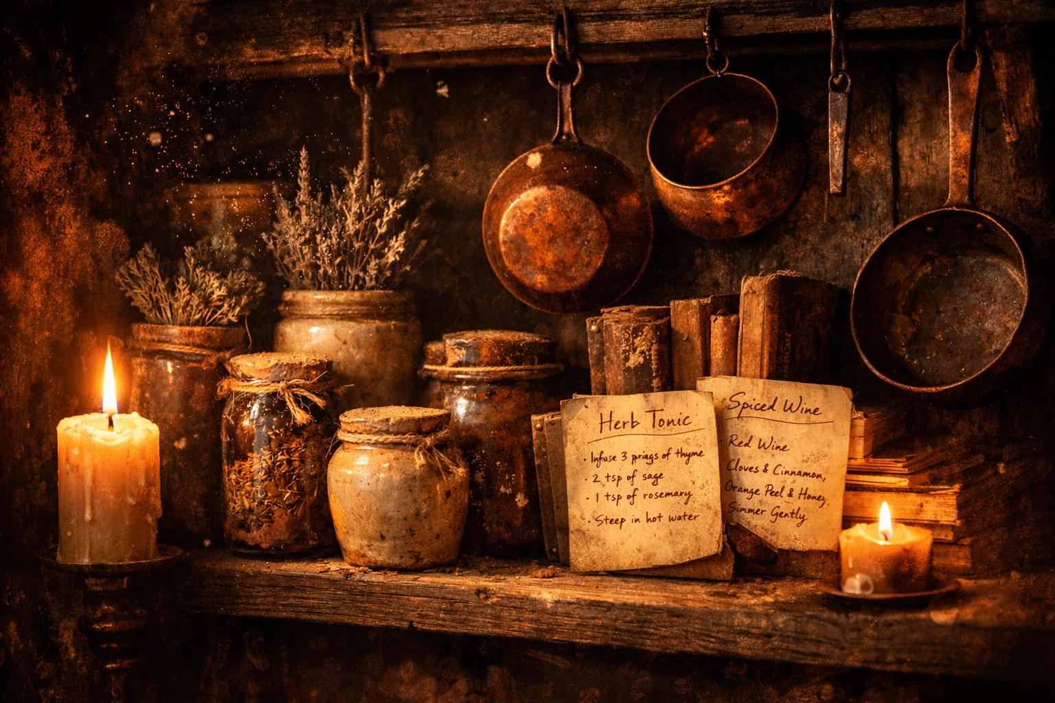 Ancient kitchen shelves with dried herbs in jars and copper pots for traditional kitchen witchery