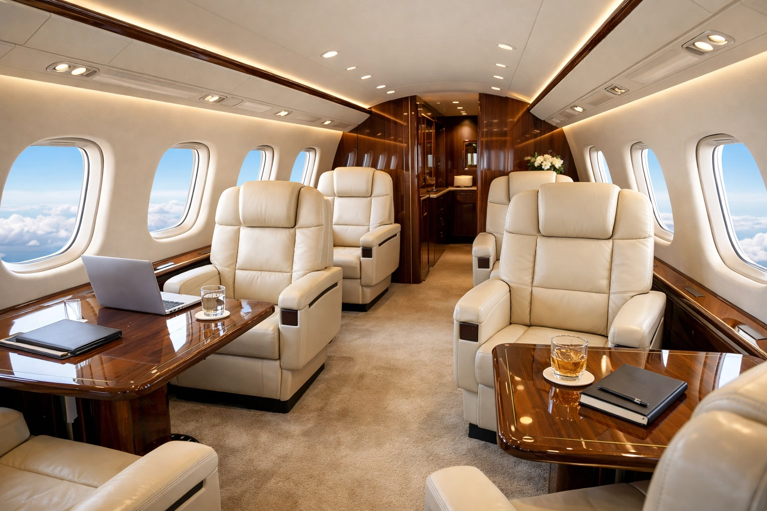 Sophisticated private jet cabin interior designed for elite corporate travel management.