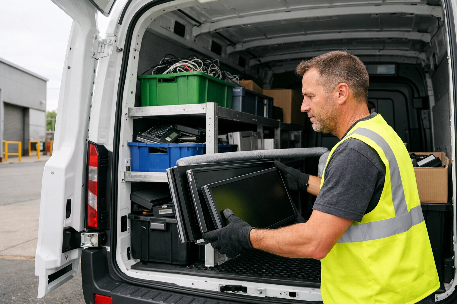 Professional waste collector loading computer monitors into a van for licensed IT recycling in Northamptonshire.