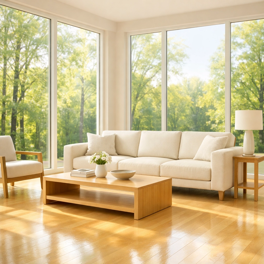 Bright and airy house cleaning in Greenville, SC showing a spotless living room with spring sunlight.