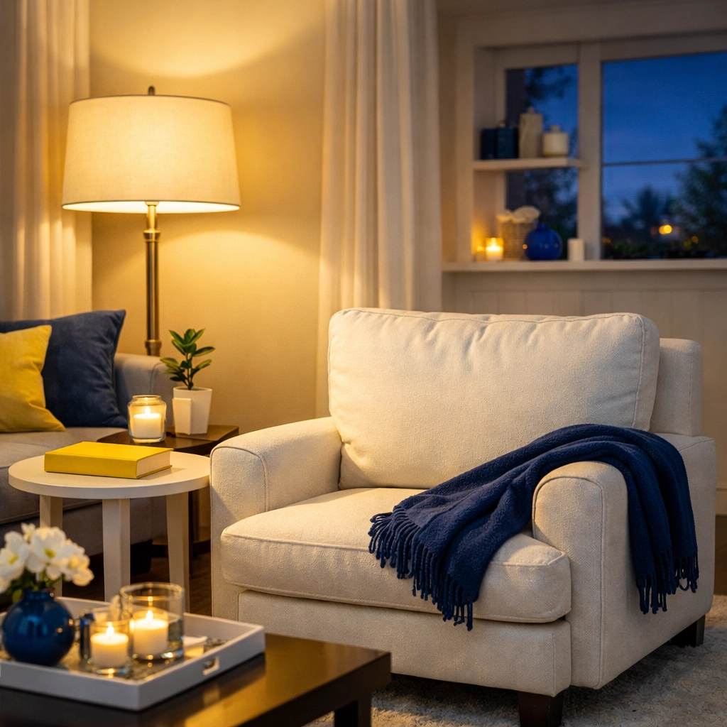 A clean and tranquil living room in a home serviced by top-rated house cleaning Lowell MA.