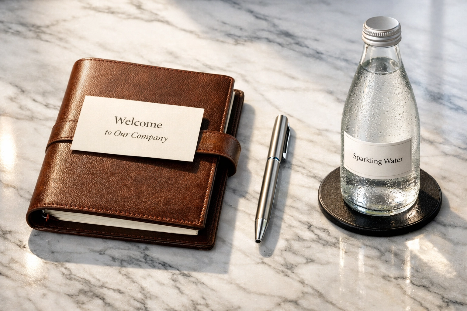 Premium corporate guest welcome kit featuring a leather journal and designer pen for VIP executives.