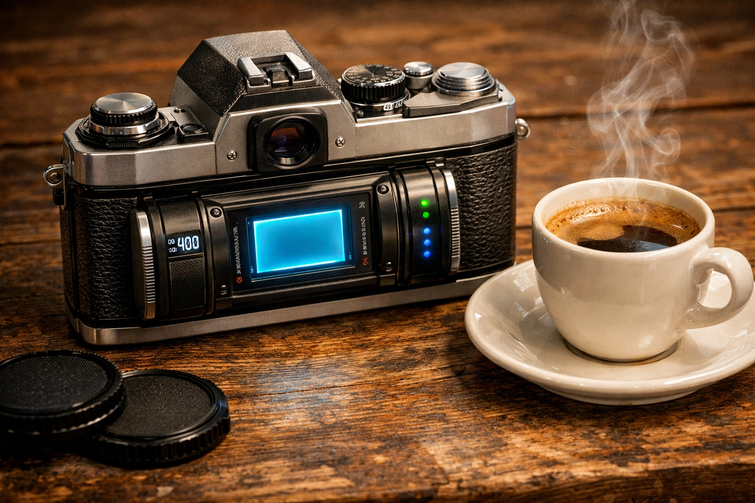 Vintage 35mm film camera with a digital sensor back for hybrid photography workflows.