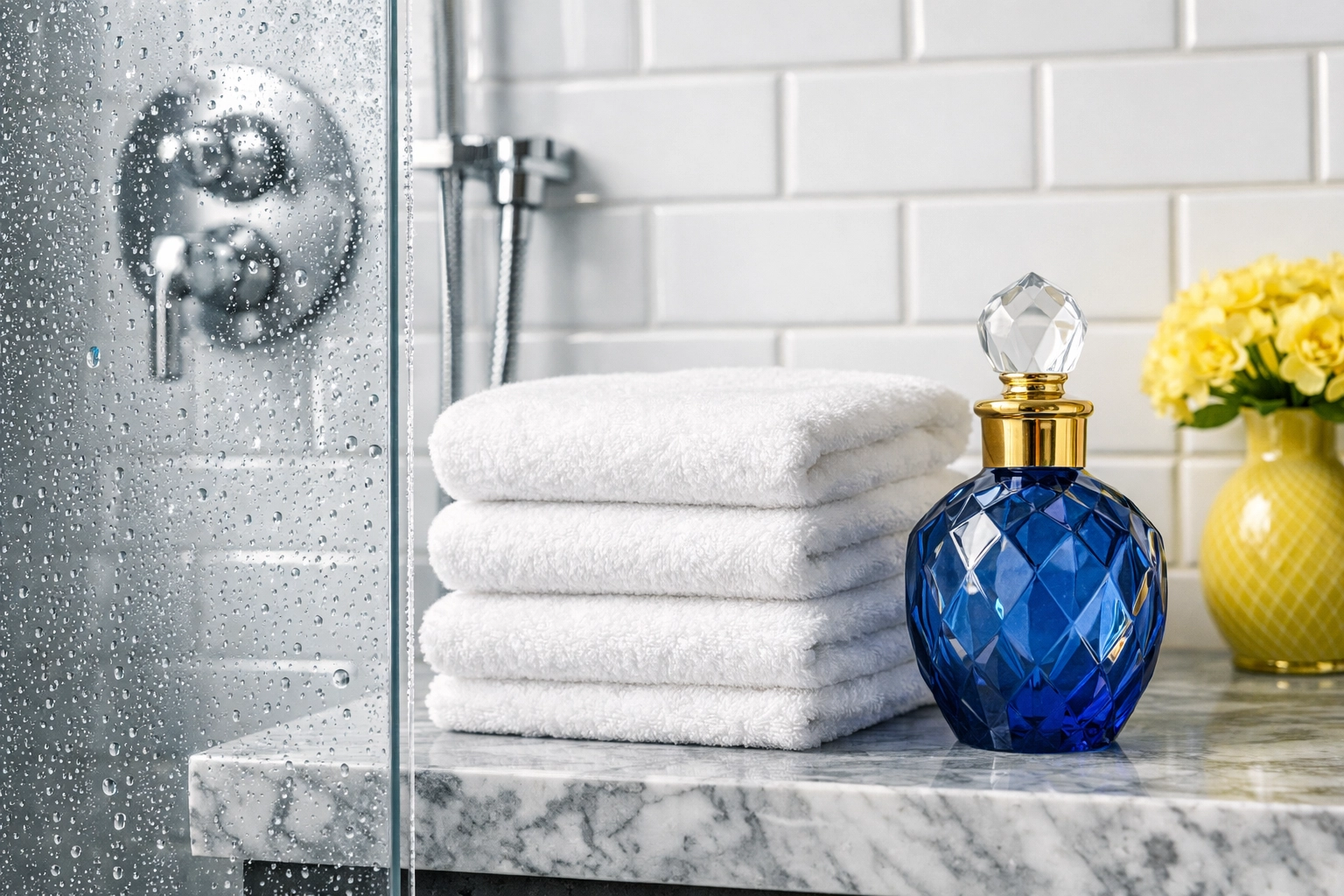 Pristine luxury bathroom with a clean glass shower and marble vanity from professional weekly house cleaning.