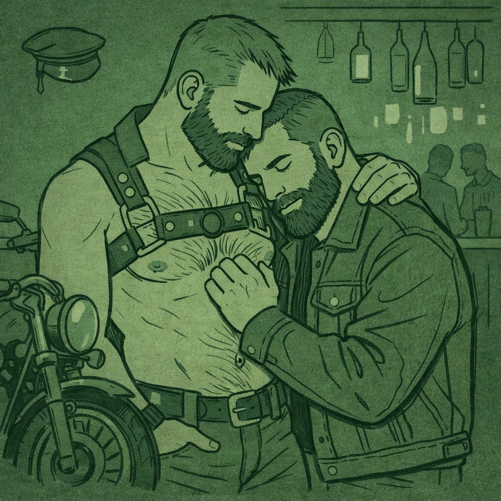 Bearded gay couple in leather and denim embrace, celebrating LGBTQ+ leather culture