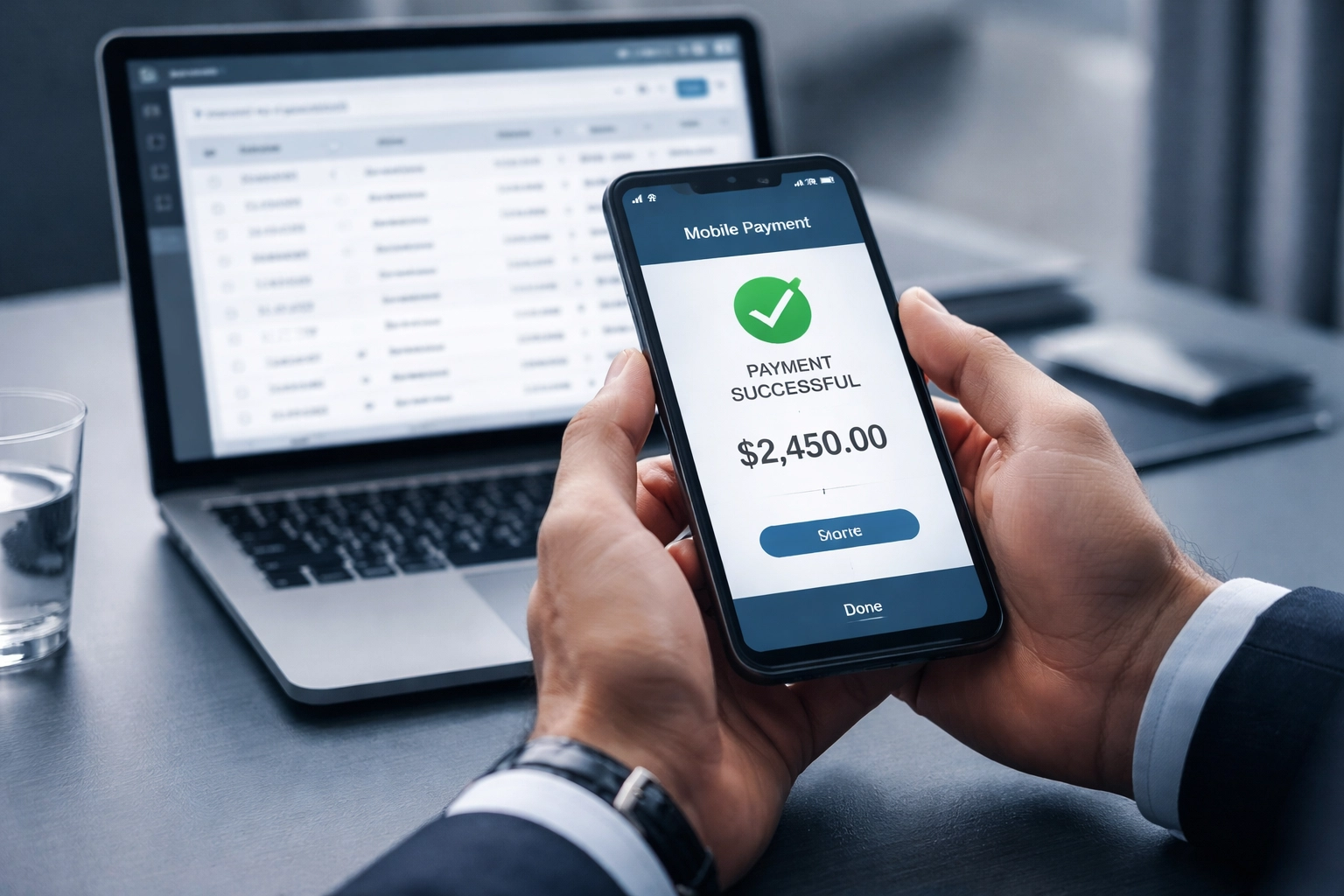 Hands holding smartphone with mobile payment app, illustrating seamless debt collection payment processing integration