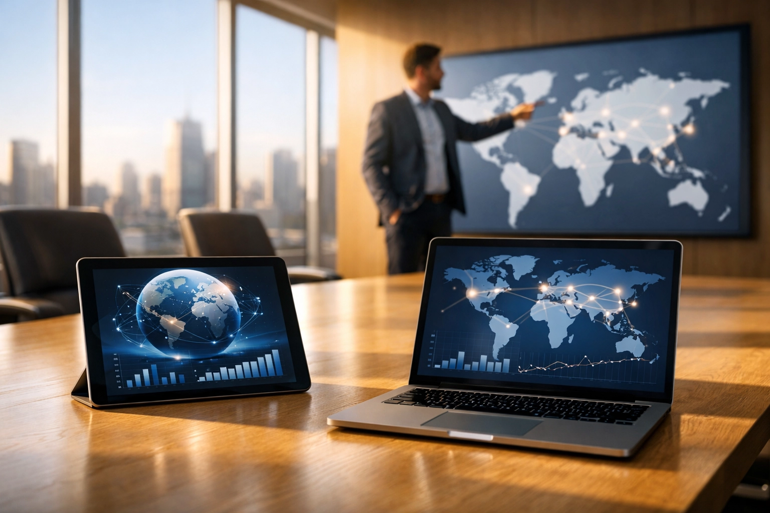 Strategic consulting in a modern boardroom displaying global growth data for cross-industry brand integration.