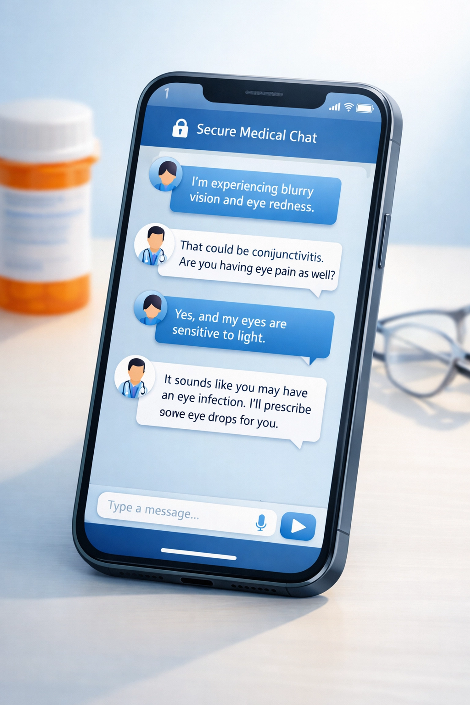 Smartphone displaying secure medical chat for online pink eye consultation
