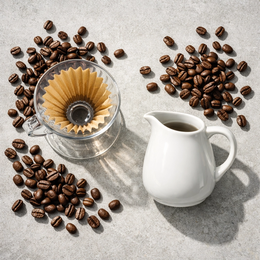 Overhead view of fresh specialty coffee beans and pour-over brewing equipment.
