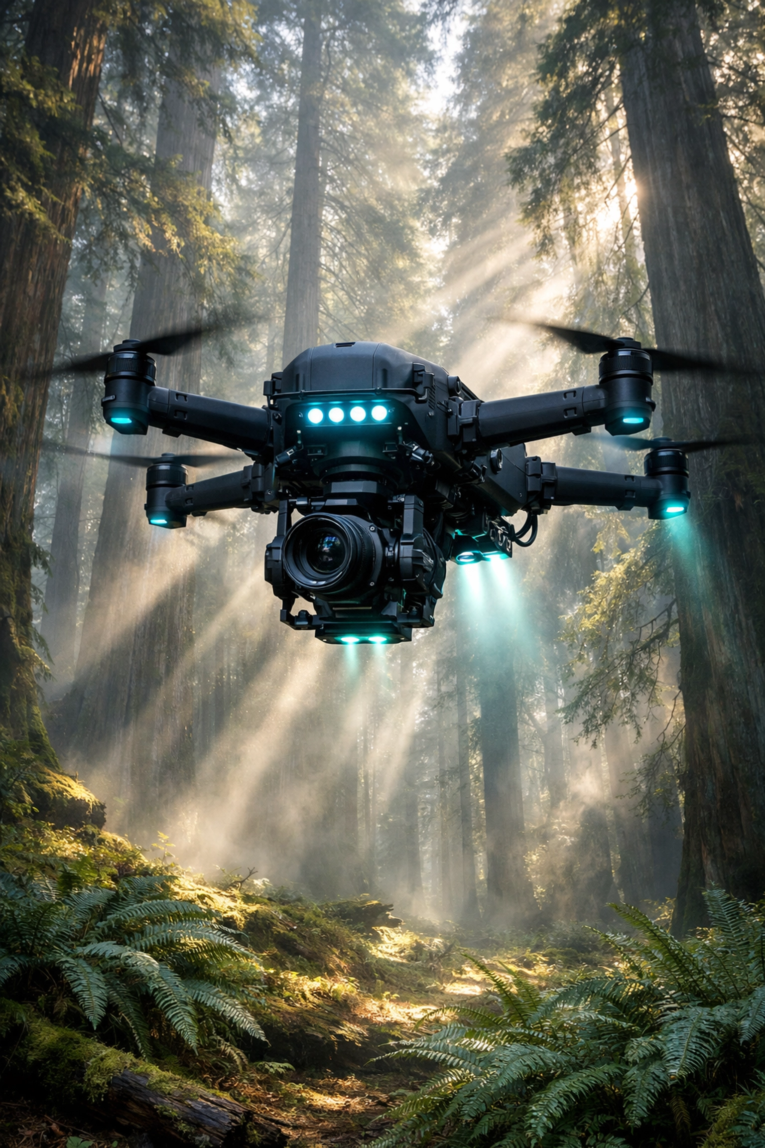 Professional cinema drone with obstacle avoidance sensors flying through a misty redwood forest.