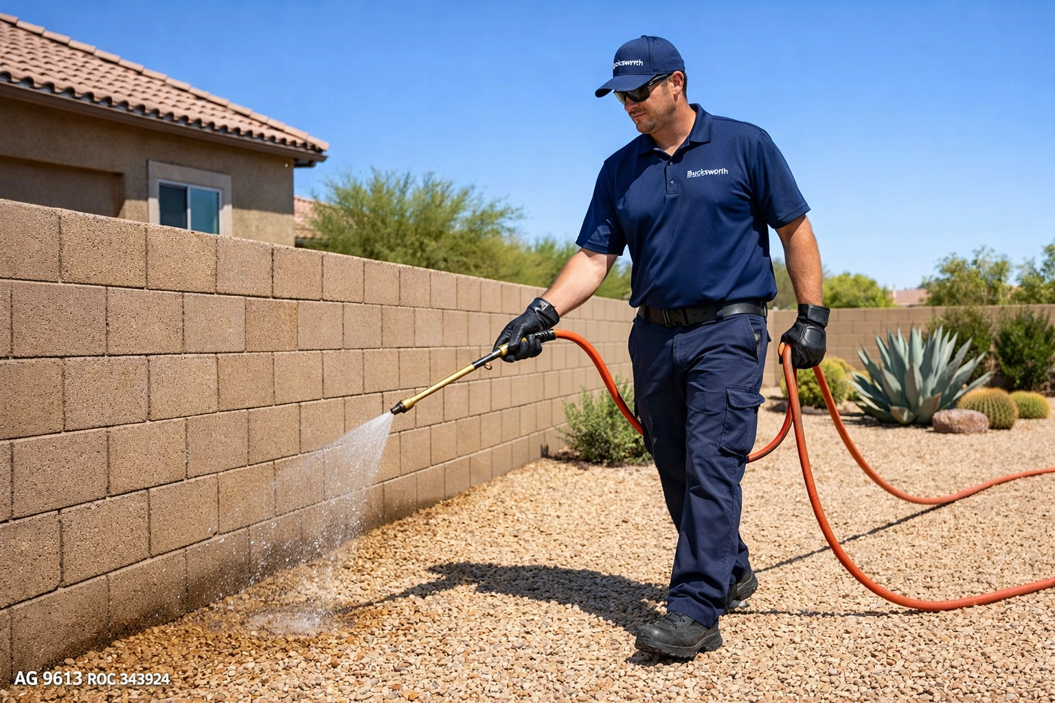 Bucksworth technician applying liquid weed prevention to a Gilbert AZ backyard landscape.