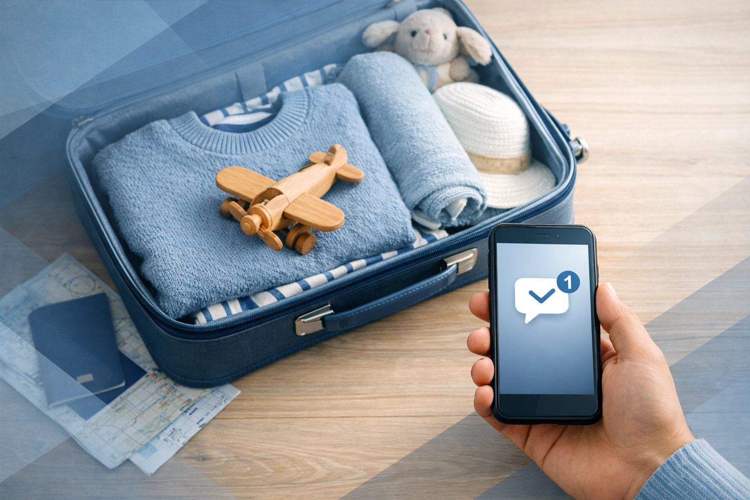 Child's suitcase and smartphone illustrating travel notification requirements in Virginia custody cases.