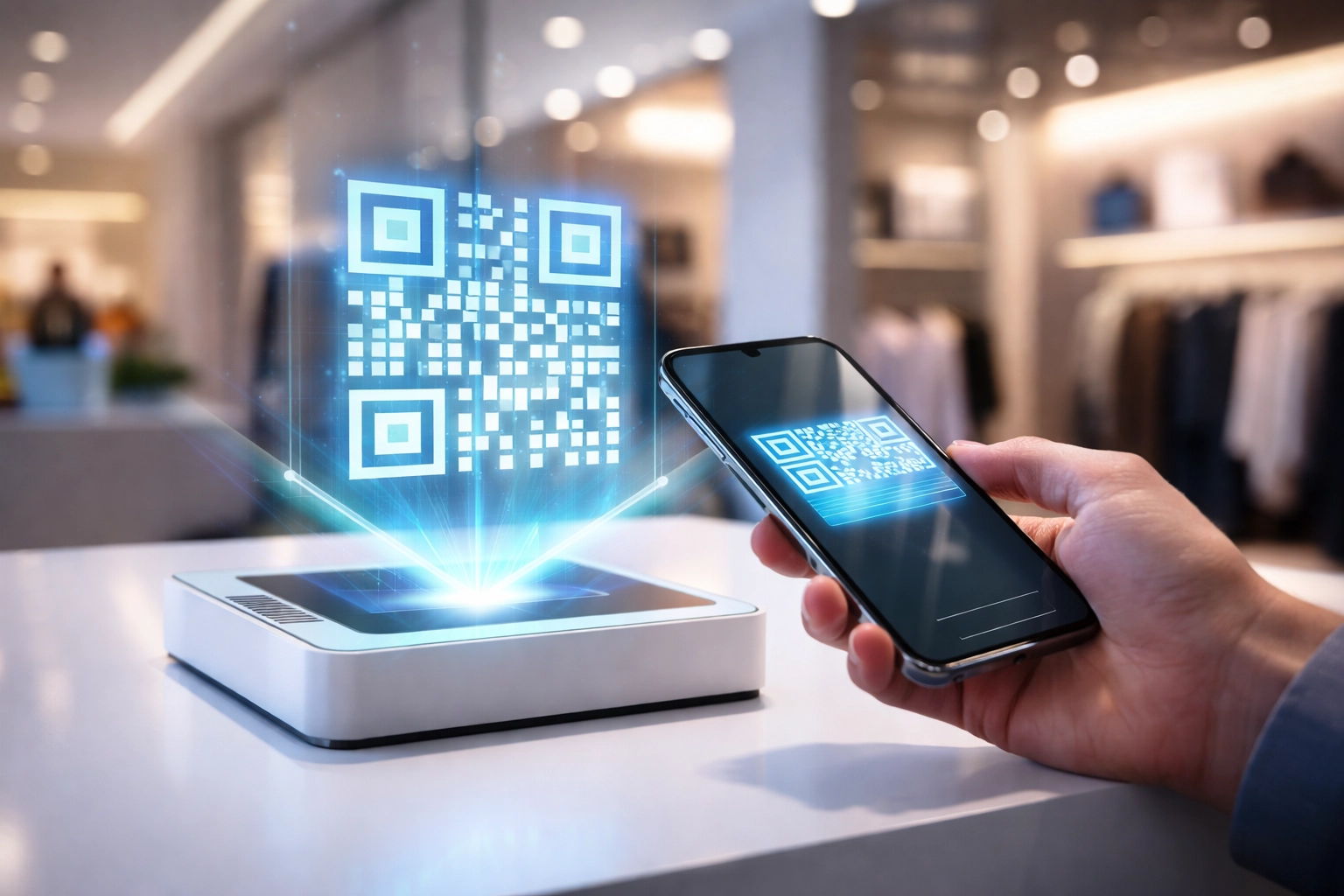 Customer scanning futuristic QR code at retail point-of-sale, showcasing Larecoin crypto POS system for instant payments