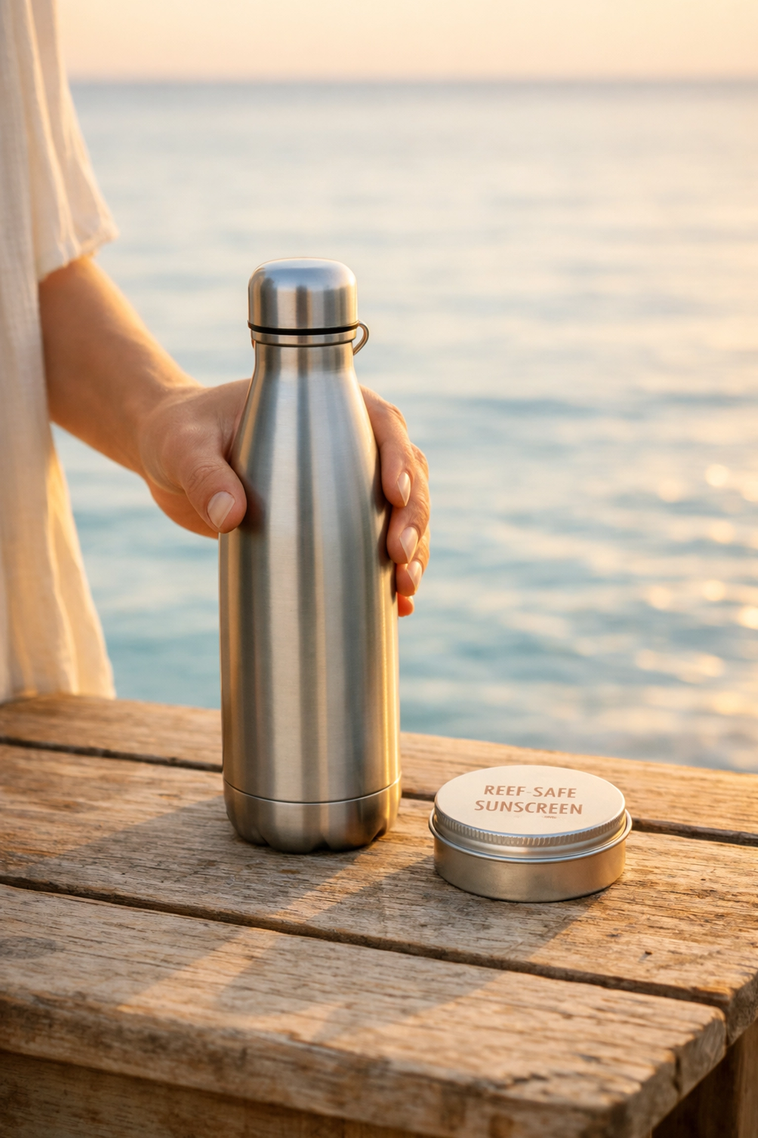 A reusable water bottle and reef-safe sunscreen on a table, representing eco-friendly liveaboard etiquette.