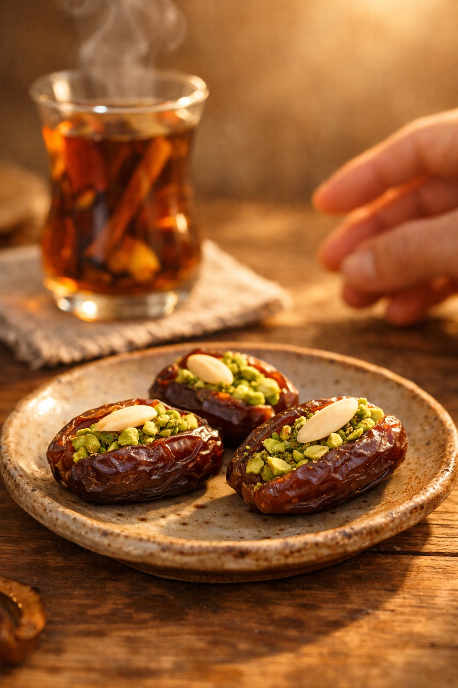Gourmet stuffed Medjoul dates with pistachios and almonds served with a cup of hot tea.