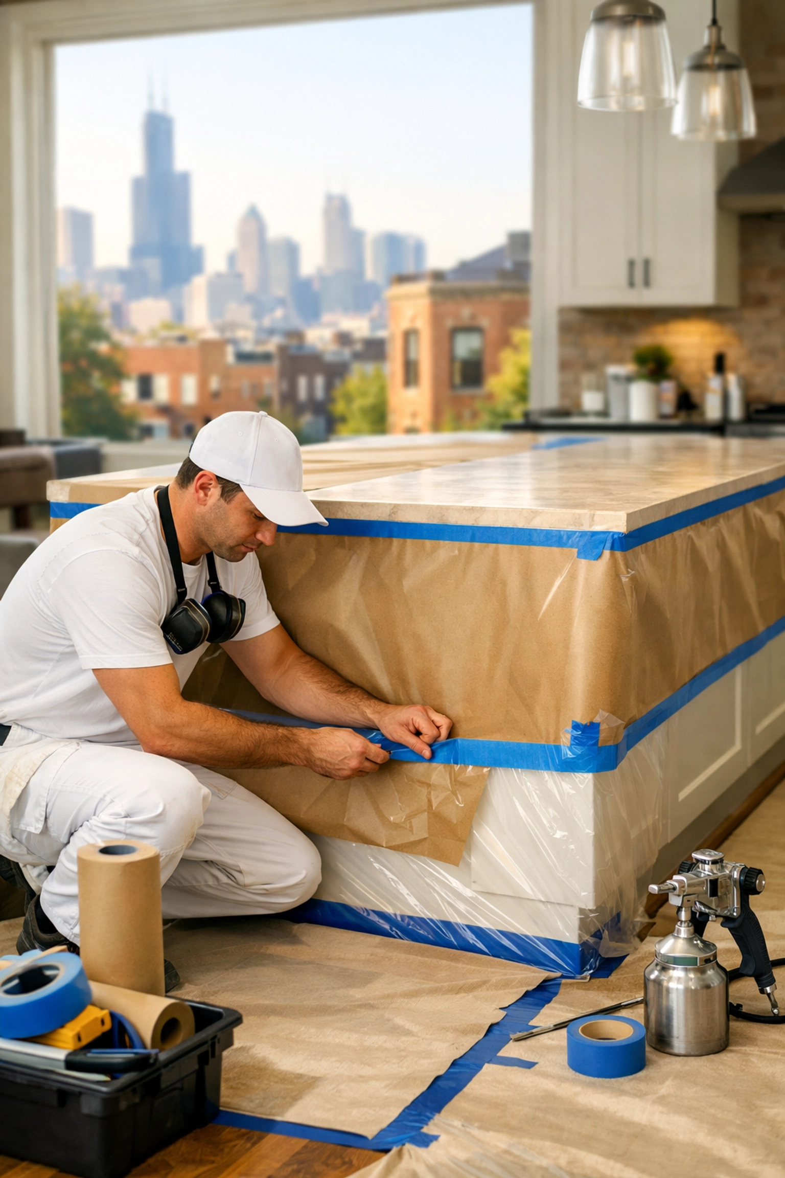 Expert painter preparing a kitchen island for professional cabinet refinishing services in Chicago.