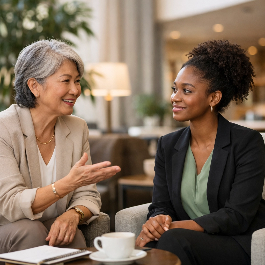 A mentor and colleague discussing professional growth in a supportive corporate environment.