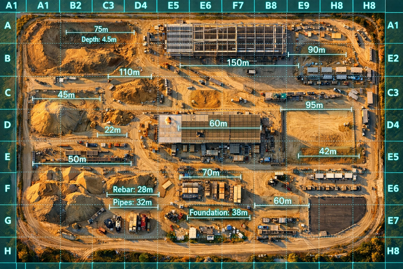Orthomosaic mapping of construction site showing precise measurements and grid reference markers
