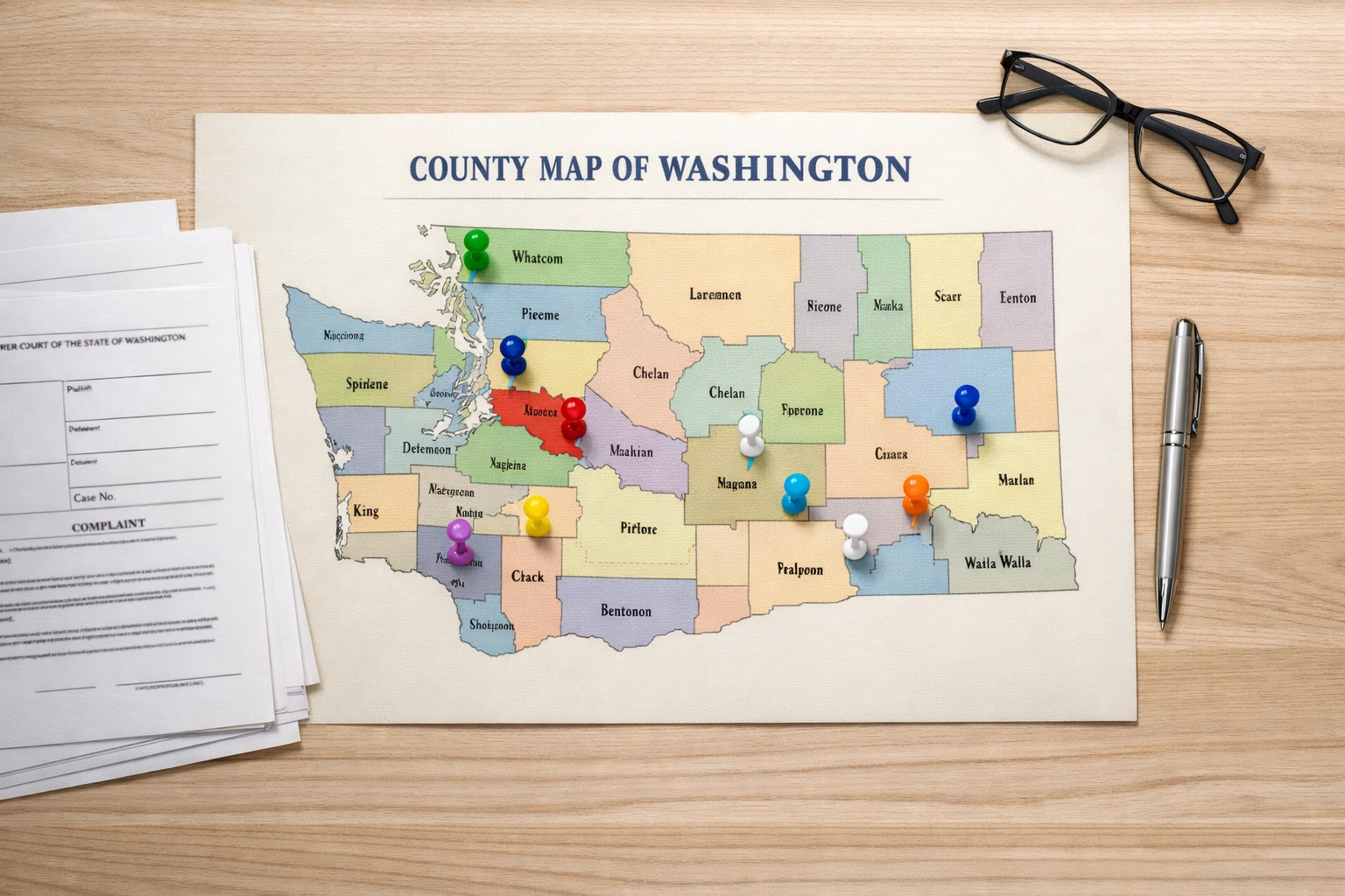 Washington State county map with legal documents showing different local court filing systems