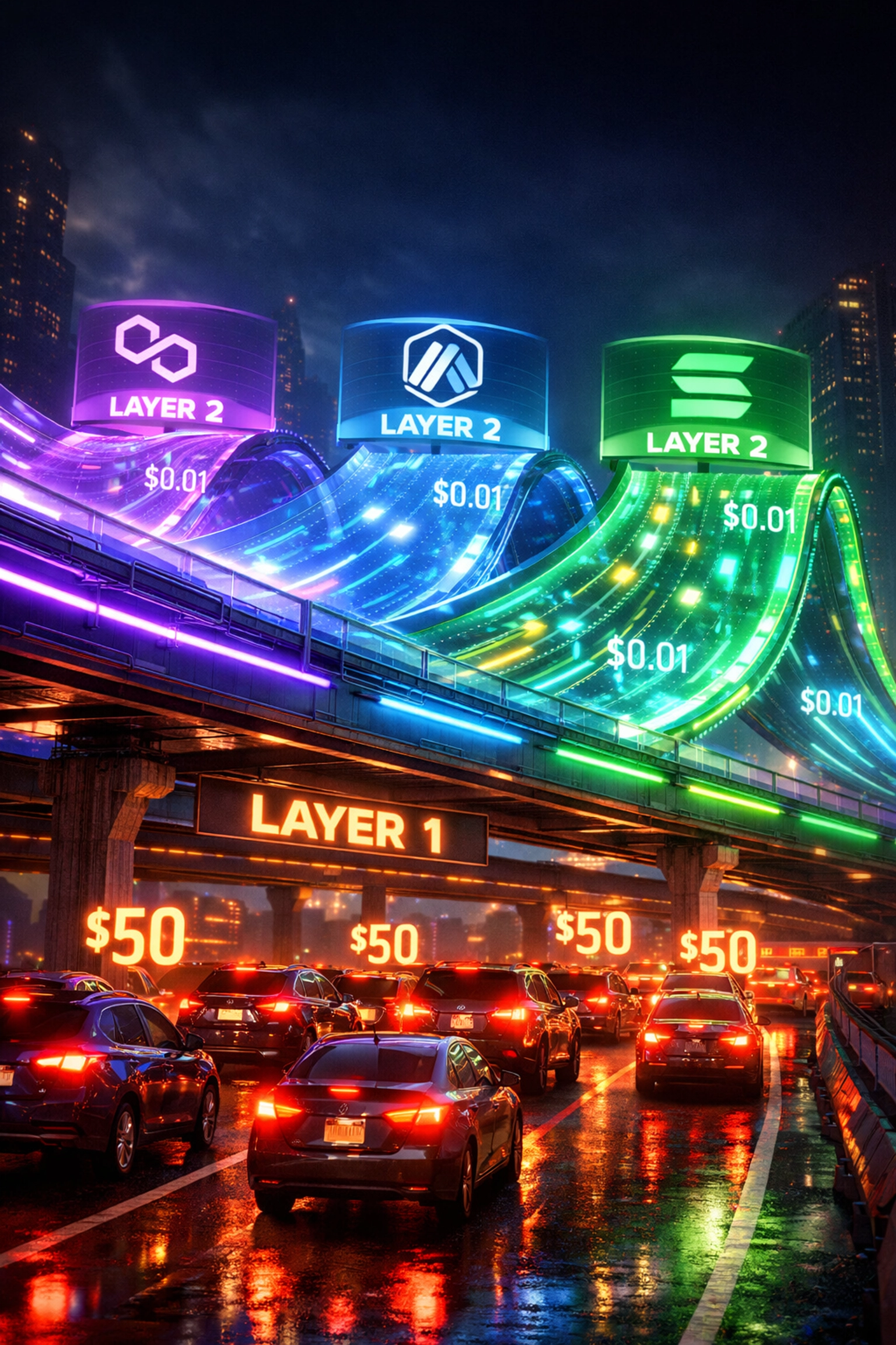 Layer 2 blockchain networks reducing crypto transaction fees by 90% on Polygon and Solana