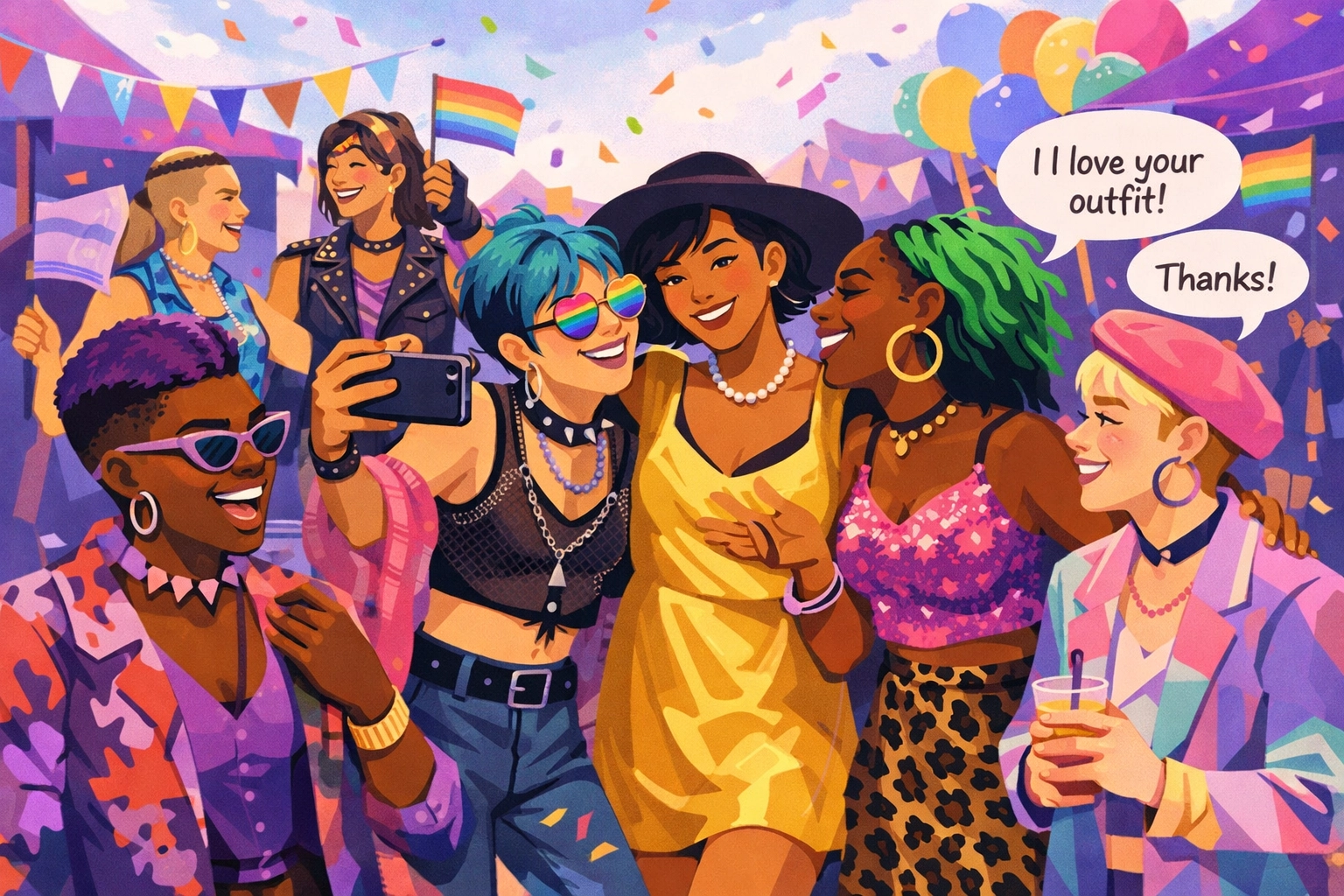 Diverse LGBTQ+ youth connecting at pride event through fashion and self-expression