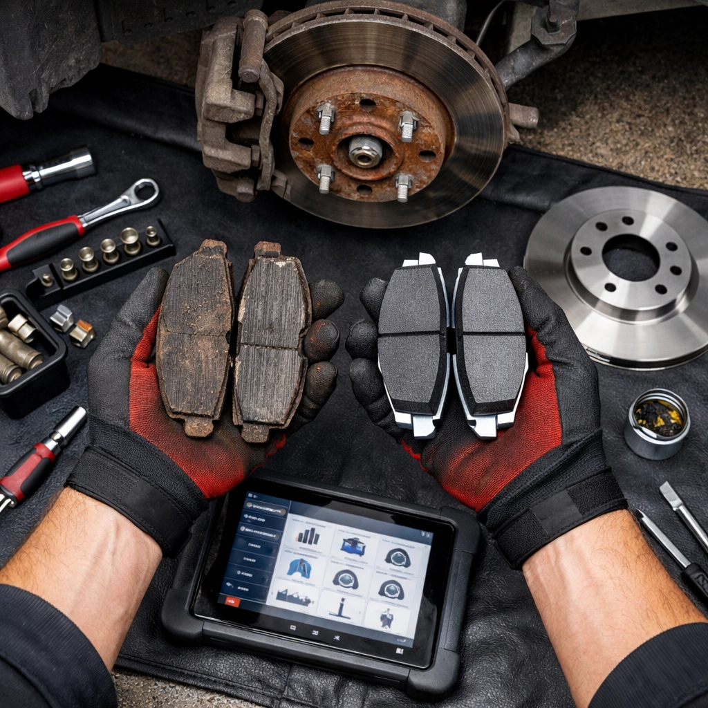 Mobile mechanic comparing worn and new brake pads during transparent inspection