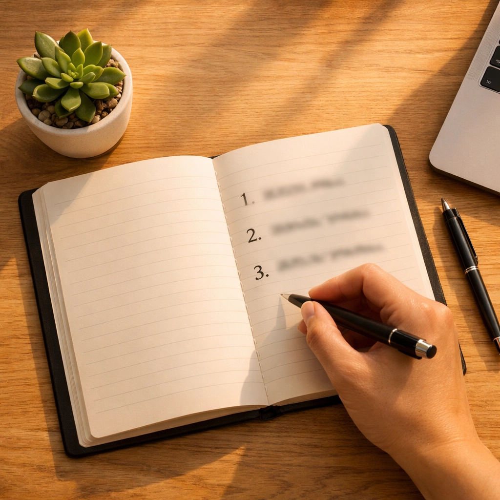 Notebook with three priority tasks for focused afternoon planning