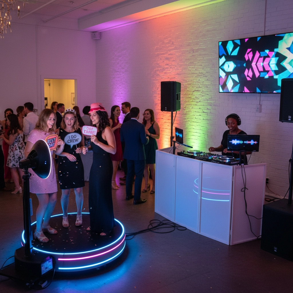 Three women hold party signs on a lit platform, with a DJ playing music nearby. Colorful lights illuminate the white brick wall.