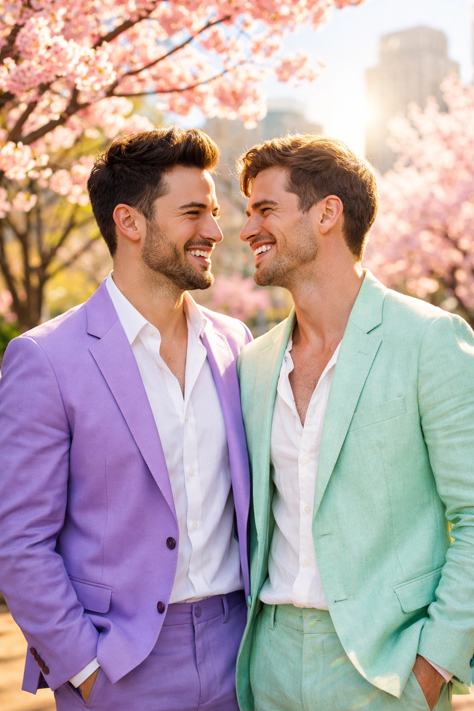 Two stylish gay men in lavender and mint suits celebrating a modern Easter in a sunny spring park.