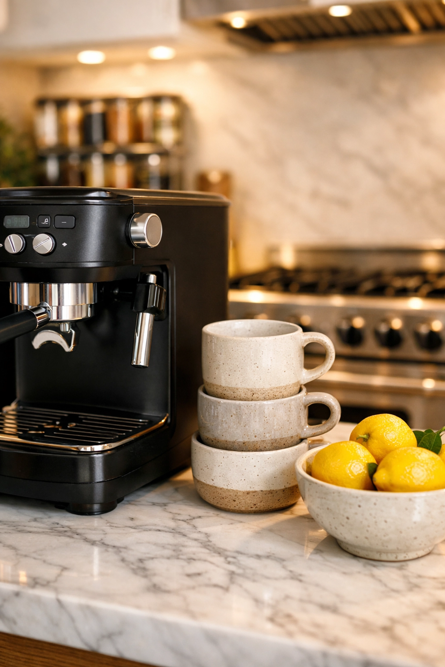 Move-in ready kitchen details featuring an espresso machine and marble countertops in a high-design rental.