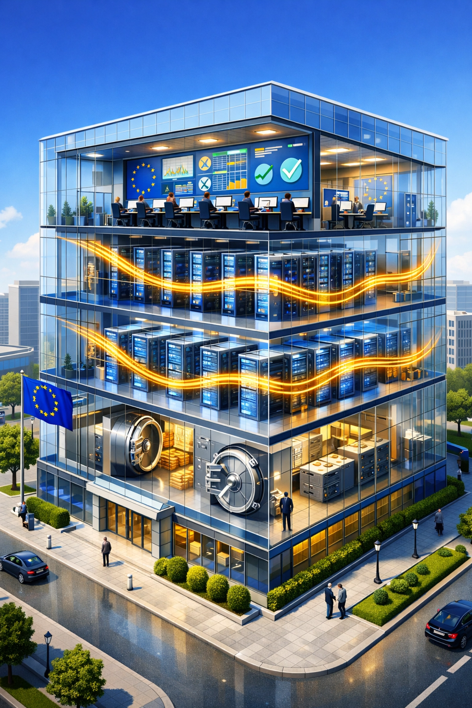 European financial institution infrastructure showing DORA compliance layers and digital operations