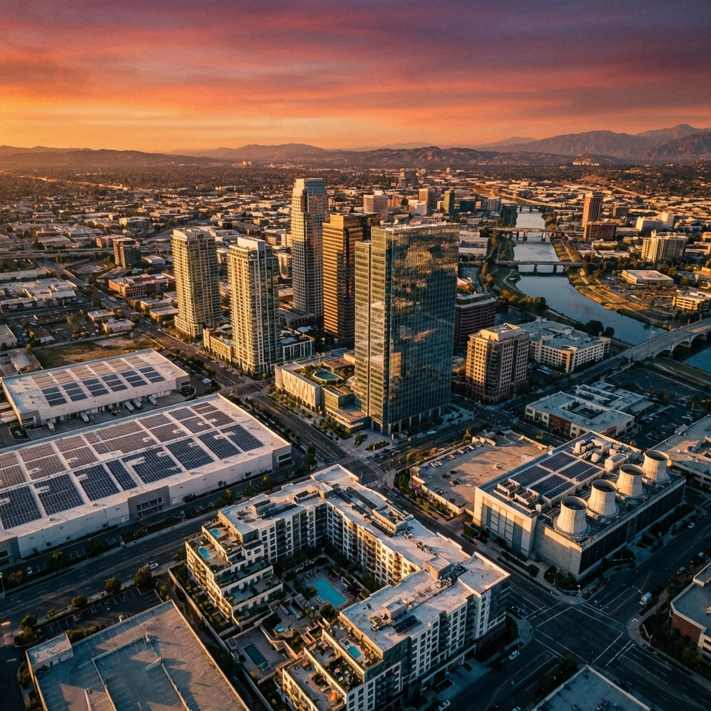 Aerial view of a diverse real estate portfolio including skyscrapers, warehouses, and multifamily complexes.