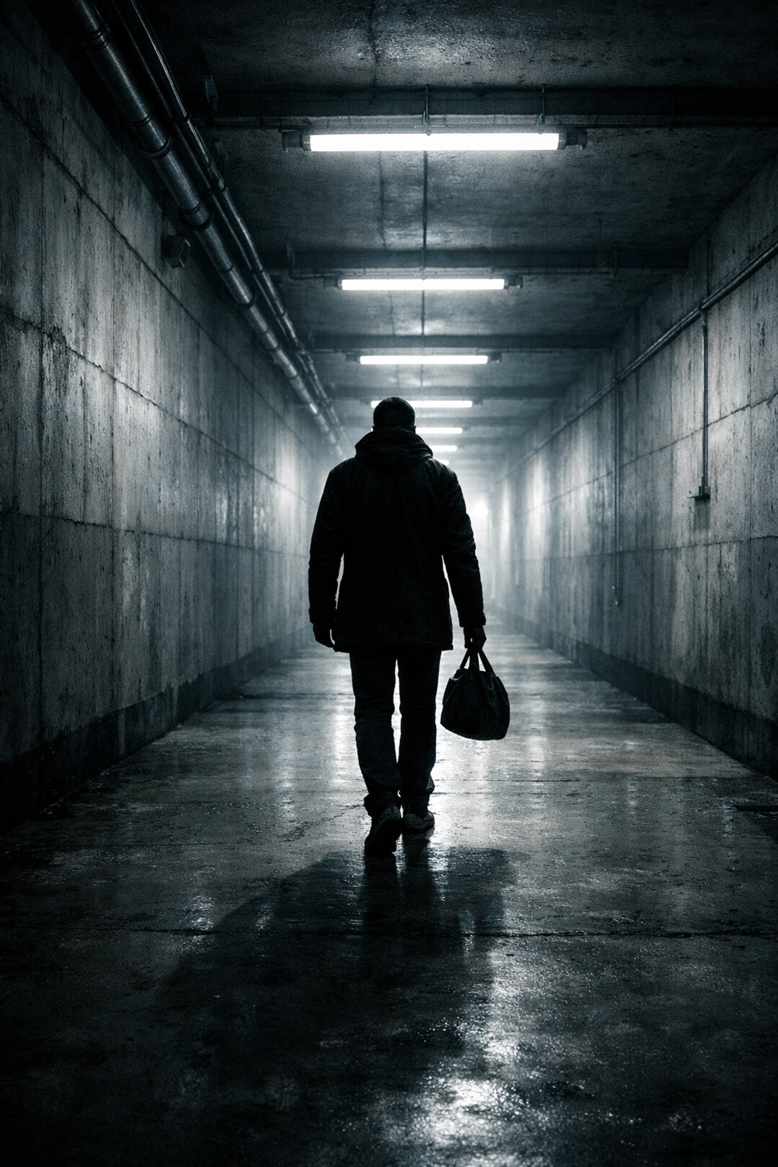 Solitary figure walking away down empty corridor symbolizing separation in tragic MM romance story