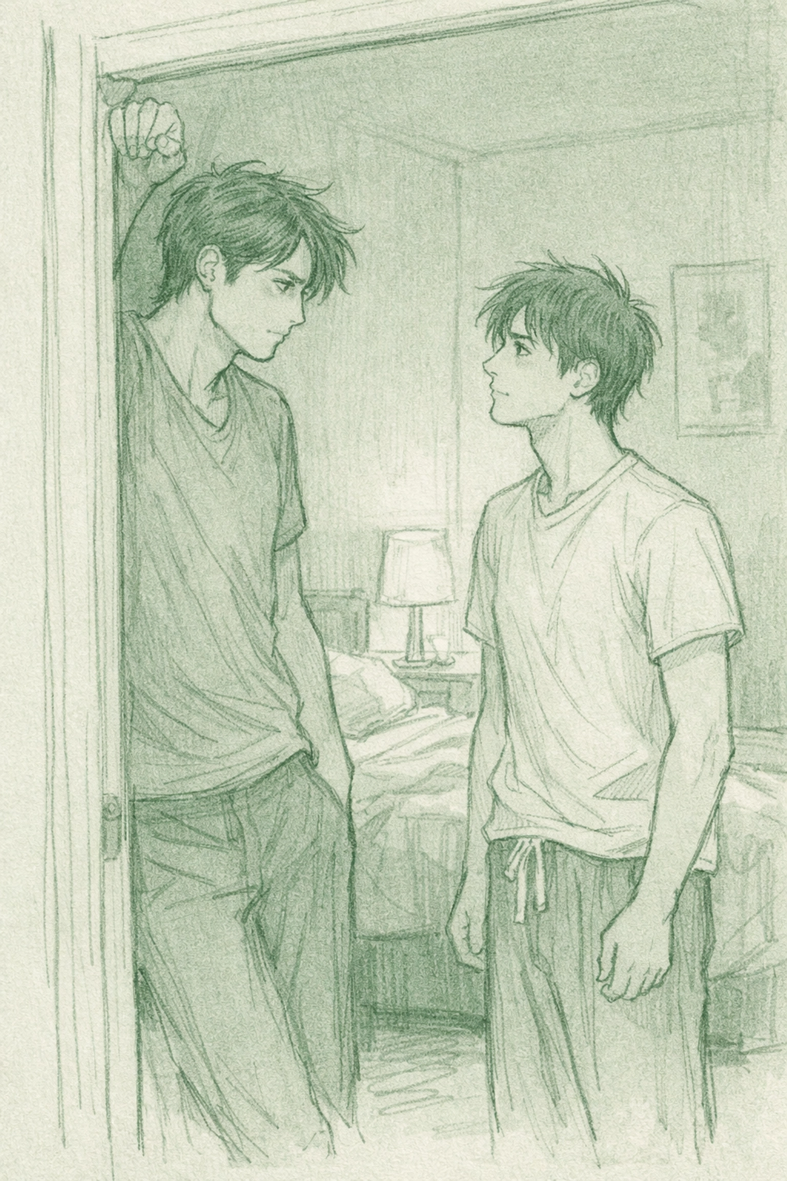 Step-brothers in bedroom doorway during intimate late-night conversation