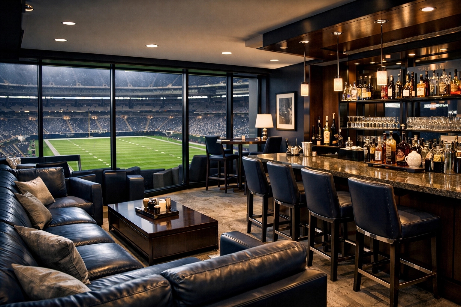 Luxury VIP suite at stadium with premium seating overlooking football field for Super Bowl hospitality