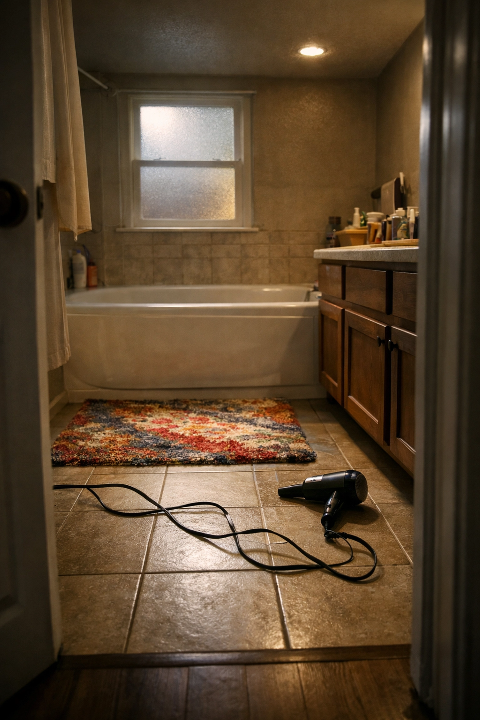 Common bathroom fall hazards including throw rug, electrical cord, and poor lighting in senior home
