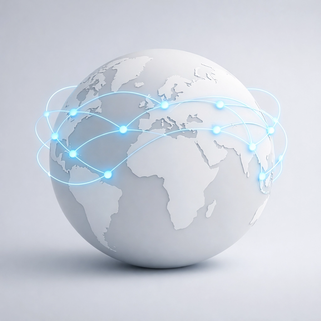 A minimalist globe with blue lines representing a global real estate referral network of vetted professionals.