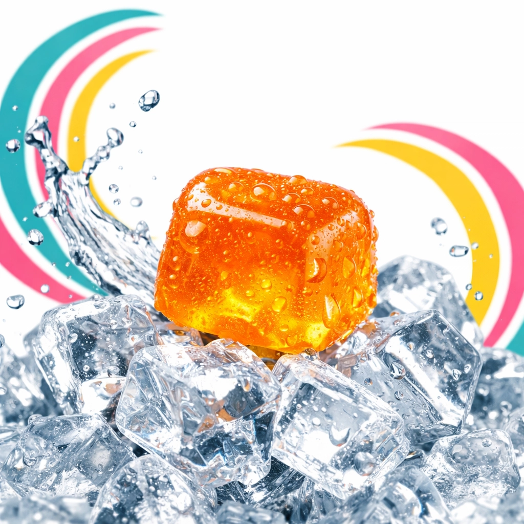 Solvent-free 10mg THC gummy on ice, highlighting clean ice-water extraction for hemp-derived Delta 9.