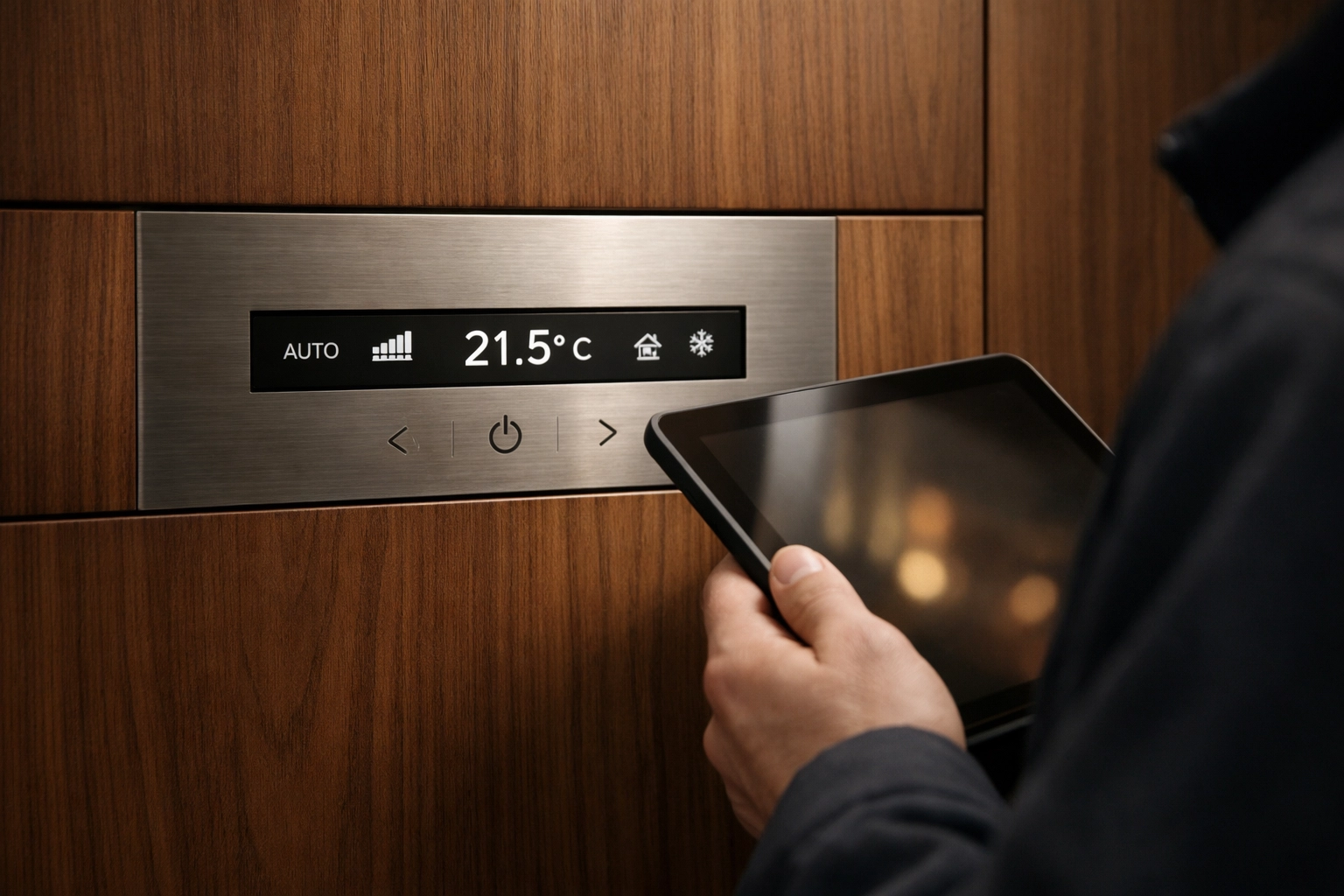 Technician using a digital tablet for predictive maintenance of hotel climate control systems.