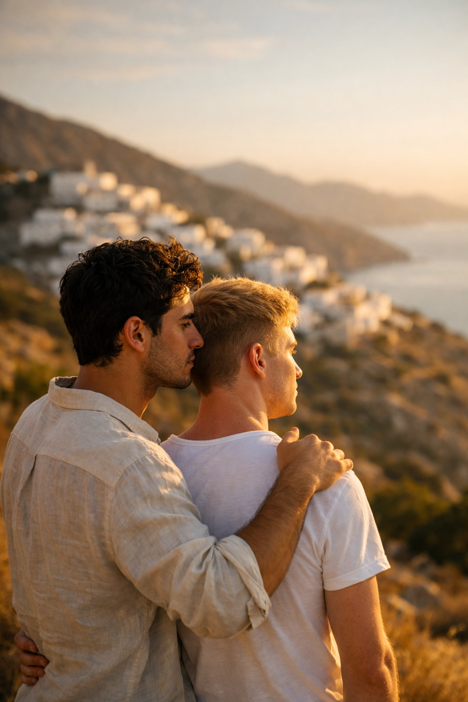 Two gay men on Greek hillside overlooking Aegean Sea, representing LGBTQ+ identity in Greece