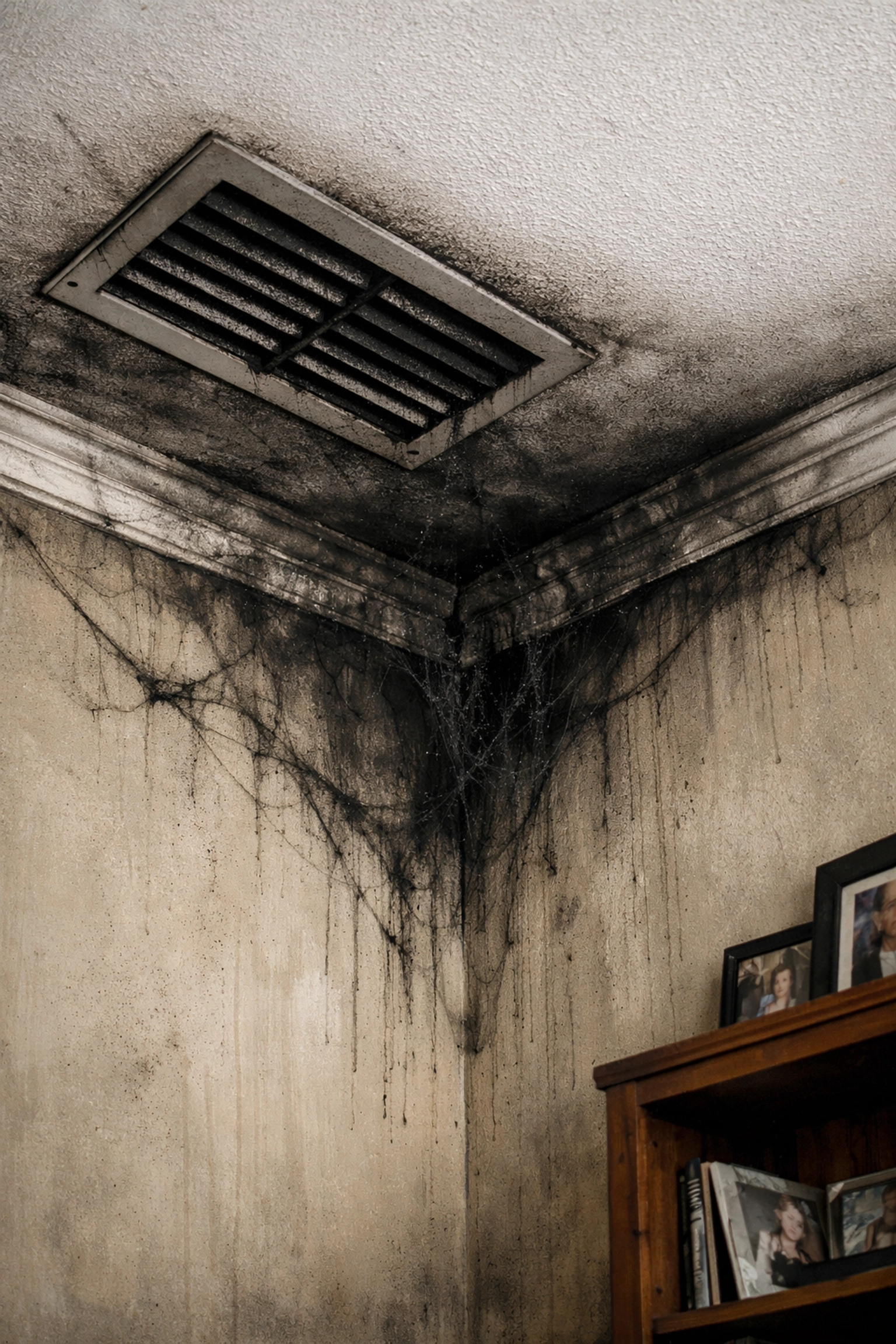 Soot buildup and smoke ghosting on a ceiling and HVAC vent requiring fire damage restoration in Tuscaloosa.