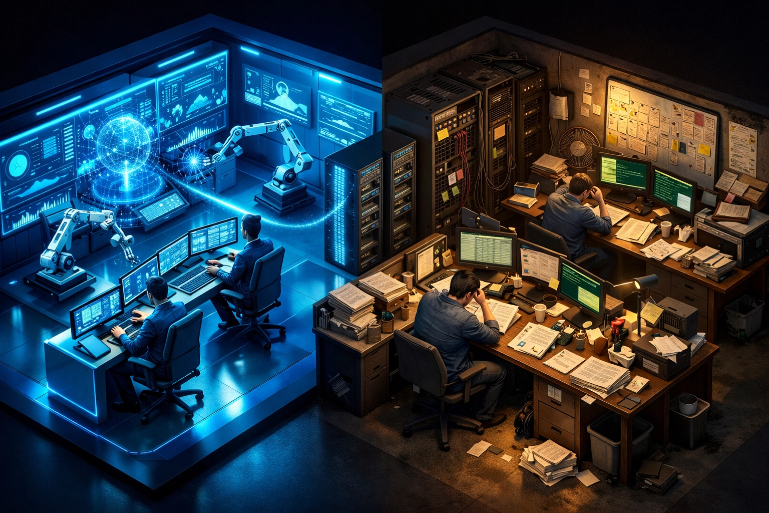 AI-powered ServiceNow ITOM workspace vs outdated manual IT operations showing automation benefits