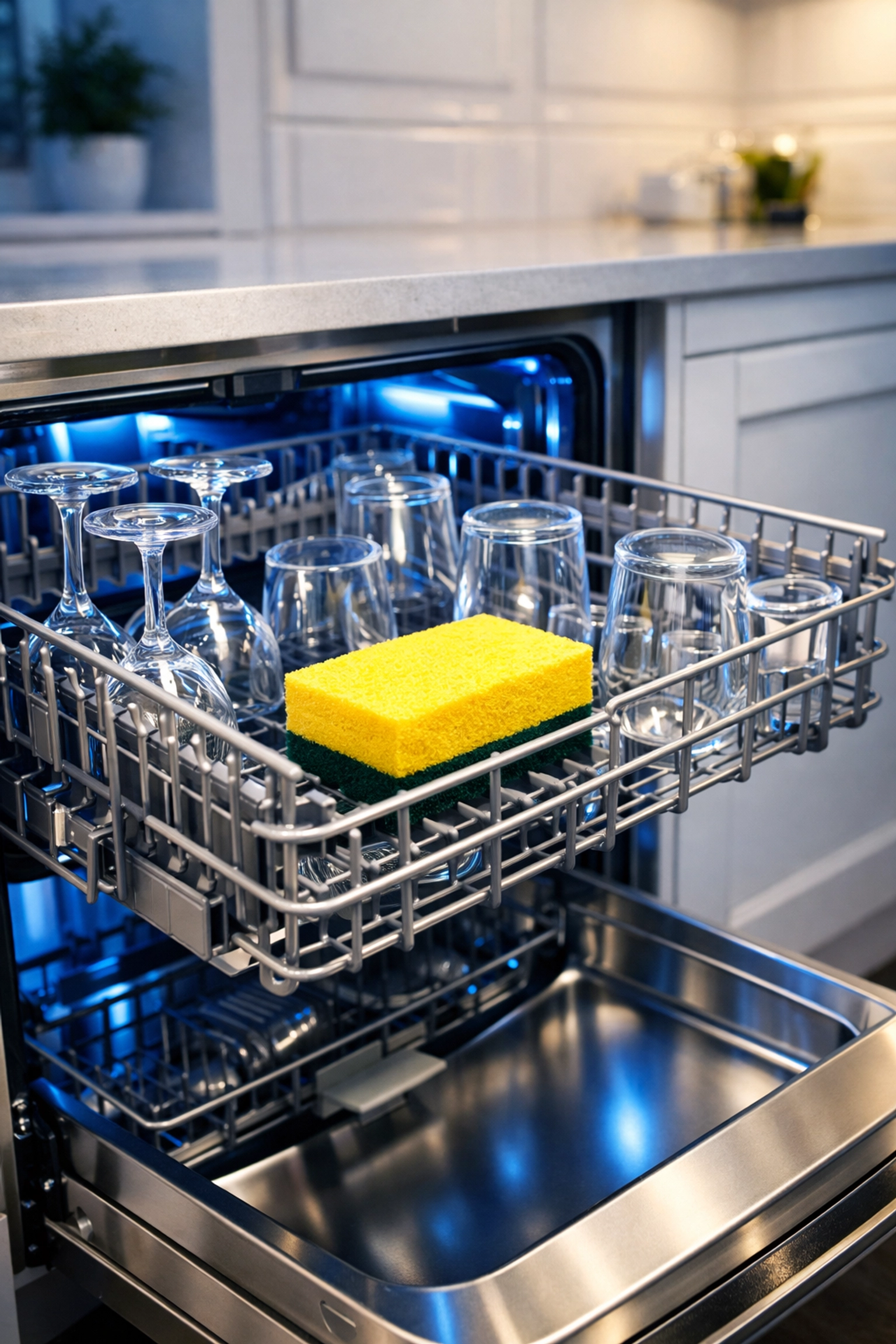 Sanitizing a kitchen sponge in the top rack of a stainless steel dishwasher alongside glassware.