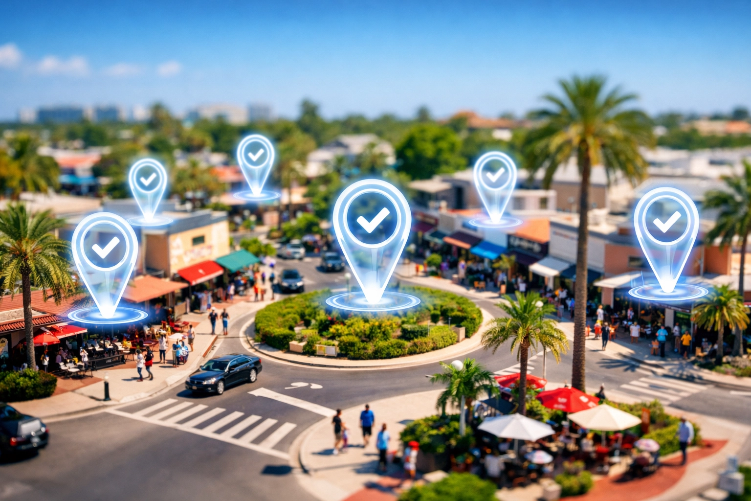 Local business location pins over St. Armands Circle representing Sarasota AI search recommendations.