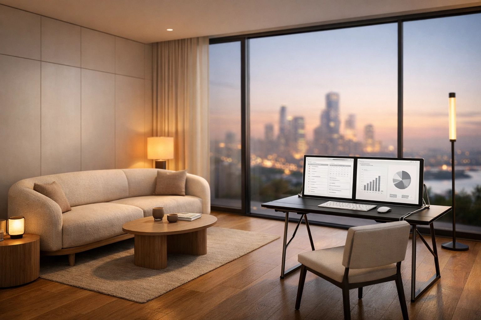 Modern minimalist studio apartment with a space-saving foldable workstation and warm organic decor.