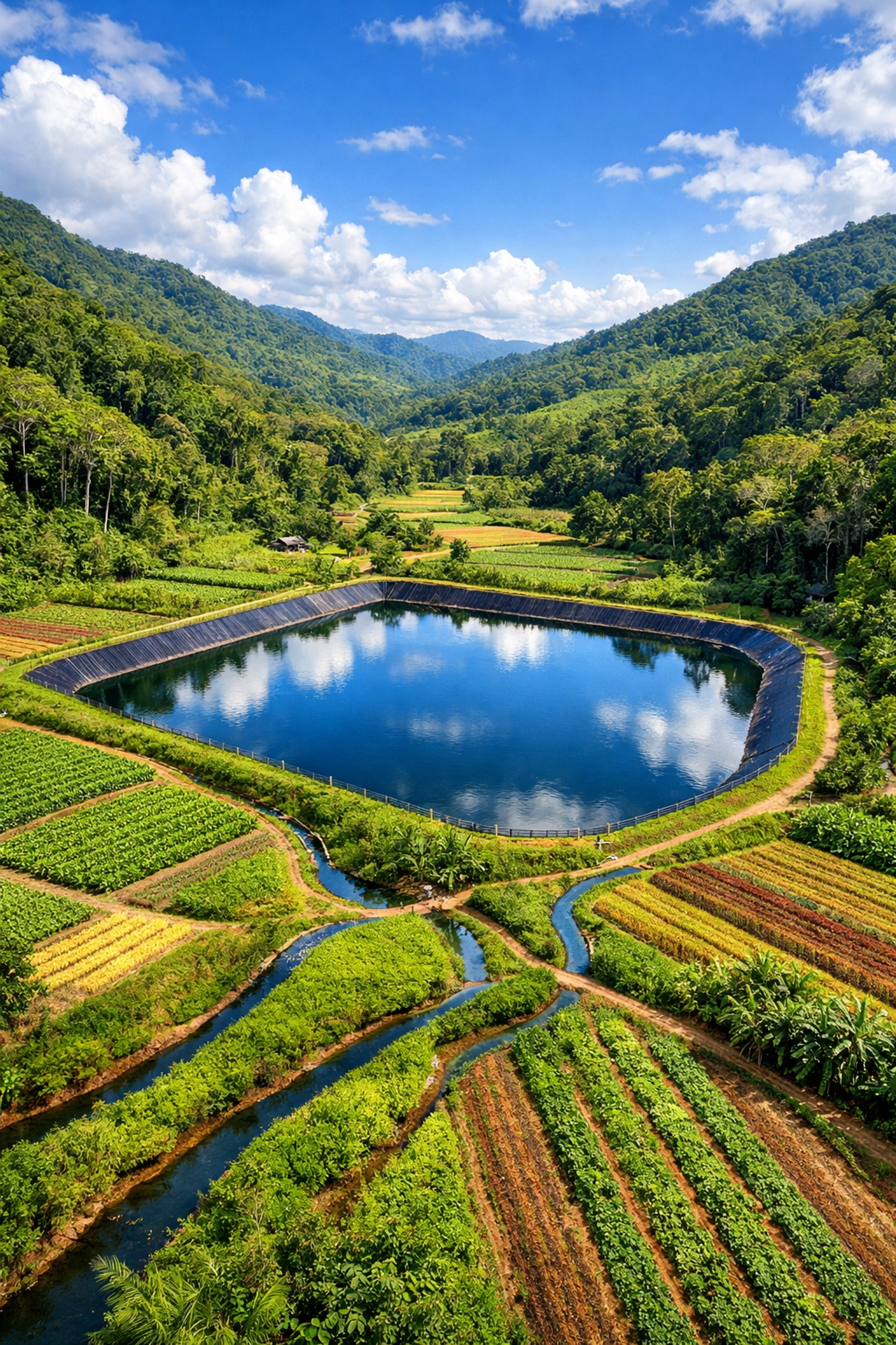 Aerial view of a sustainable farm reservoir and irrigation system in a lush Costa Rican agricultural valley.