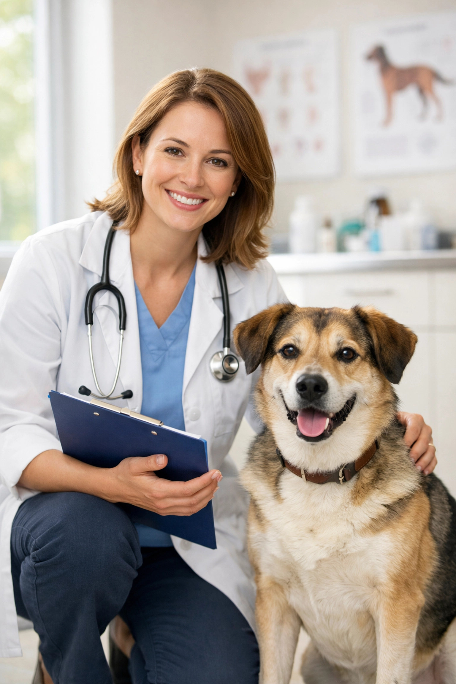 Friendly female veterinarian with clipboard beside mixed-breed dog in modern clinic, emphasizing expert pet care.